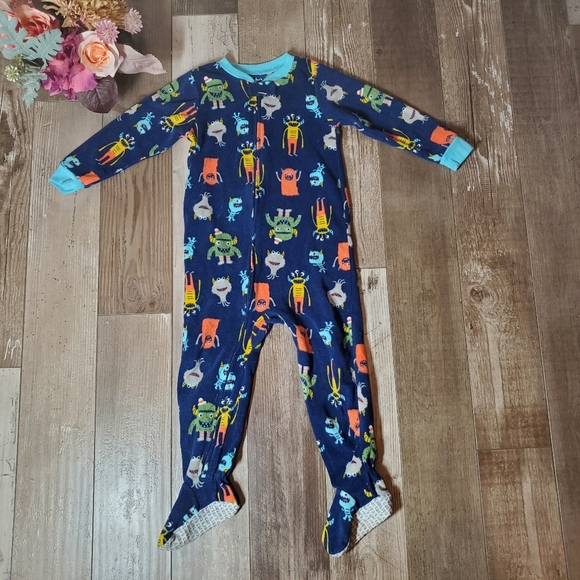 Carter's Blue Orange Green Monster Size 3T Fleece Footed Pajamas PJs EUC - Picture 1 of 14